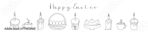 Easter Set in continuous one line style with design elements like Easter cakes with lit candles, wicker basket with painted eggs, steaming mugs. Happy Easter greeting. Festive food. Black and white.