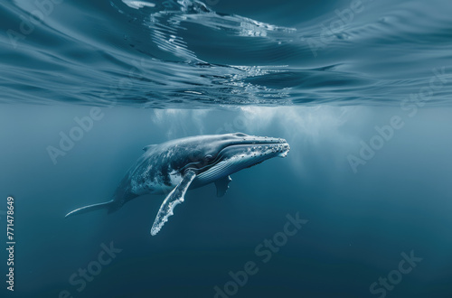 A blue whale swimming in the deep sea