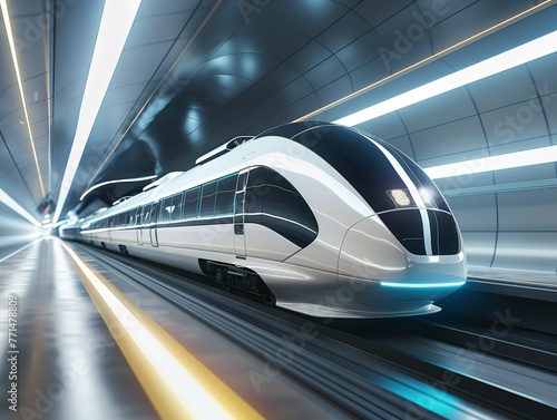 A sleek, modern high-speed train speeding through a tunnel with dynamic lighting effects.