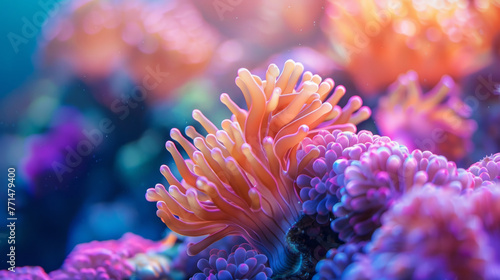 Vibrant underwater marine life showcasing a coral reef with a sea anemone in focus, surrounded by a variety of colorful corals in a mesmerizing aquatic environment.
