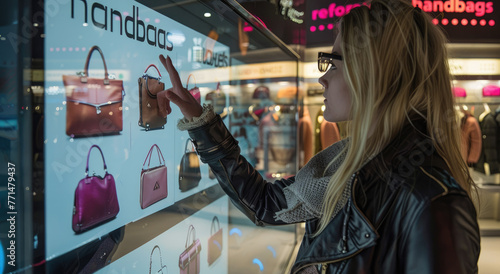 A woman is using an interactive digital kiosk in the store, displaying product details and banners for their products like handbags or shoes photo