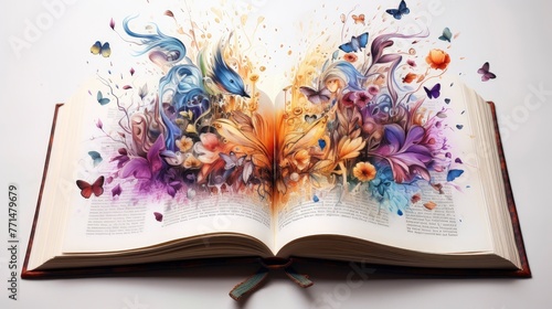 Artistic composition of an open book with vibrant watercolor butterflies and flowers bursting out, symbolizing imagination and creativity. © Juan