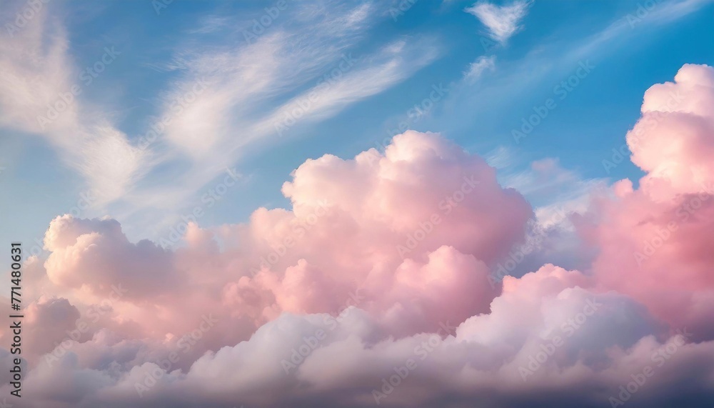 Beautiful background image of a romantic blue sky with soft fluffy pink clouds. Beautiful background image of a romantic blue sky with soft fluffy pink clouds.