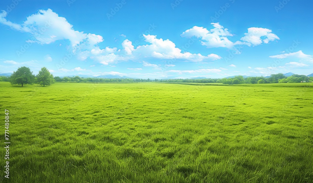Panoramic View of a Beautiful Green Lawn with Blue Sky and Clouds, Wide Angle View of a Grass Field with Trees, Nature Park or Garden on a Sunny Day 