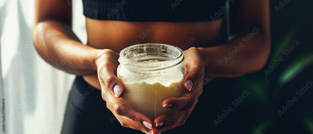 Woman holding jar with body scrub in spa centre. Body, skin care mock up. Cozy romantic ambience. Beautiful female has relax. Wellness, recreation. Generative ai - obrazy, fototapety, plakaty 