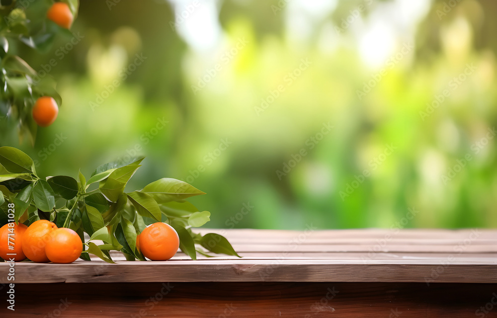 orange fruit on wooden table on blurred nature citrus trees gard - obrazy, fototapety, plakaty 