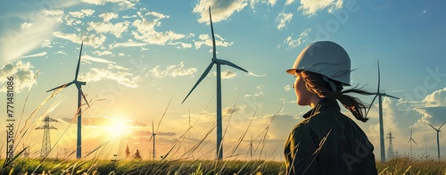 Woman with windmill renewable technology wind farm electricity worker people turbine engineer energy photo