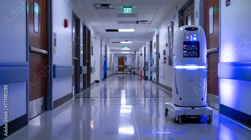 A disinfection robot navigating through hospital corridors, sanitizing surfaces as it moves. - Disinfector