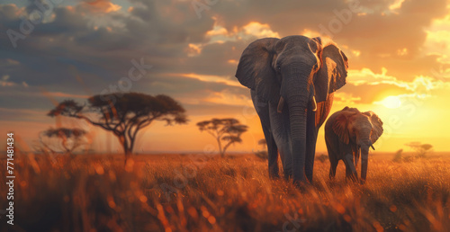 An elephant family is walking through the savannah at dusk  with tall grass and acacia trees in the background