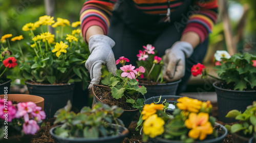 A woman wearing gardening gloves is planting flowers in pots on the table, close up photography of hands with flowerpots, gardeners hand holding pot with pink and yellow geraniums plants, focus stacki