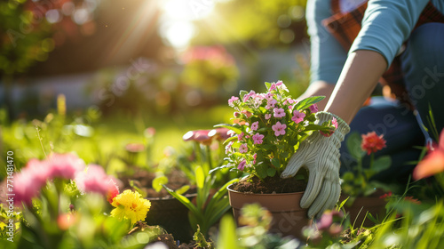 A woman was planting flowers in her garden on a sunny day. In close up, her hands wearing gardening gloves held a flower pot with a plant and blossoming pink flower in front. The background of green g
