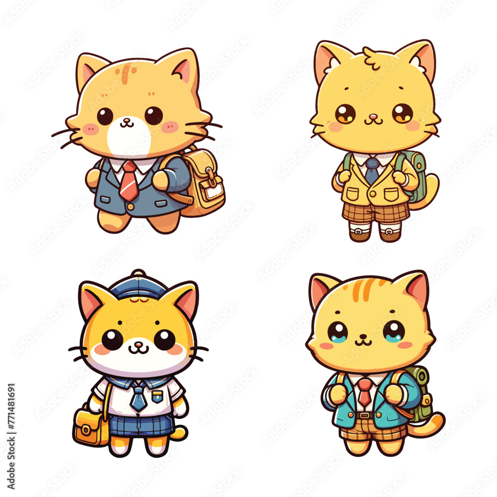 Cute cartoon characters of a little orange cat wearing a school uniform. Use this cartoon file for such as designs on t-shirts, stickers and many others.