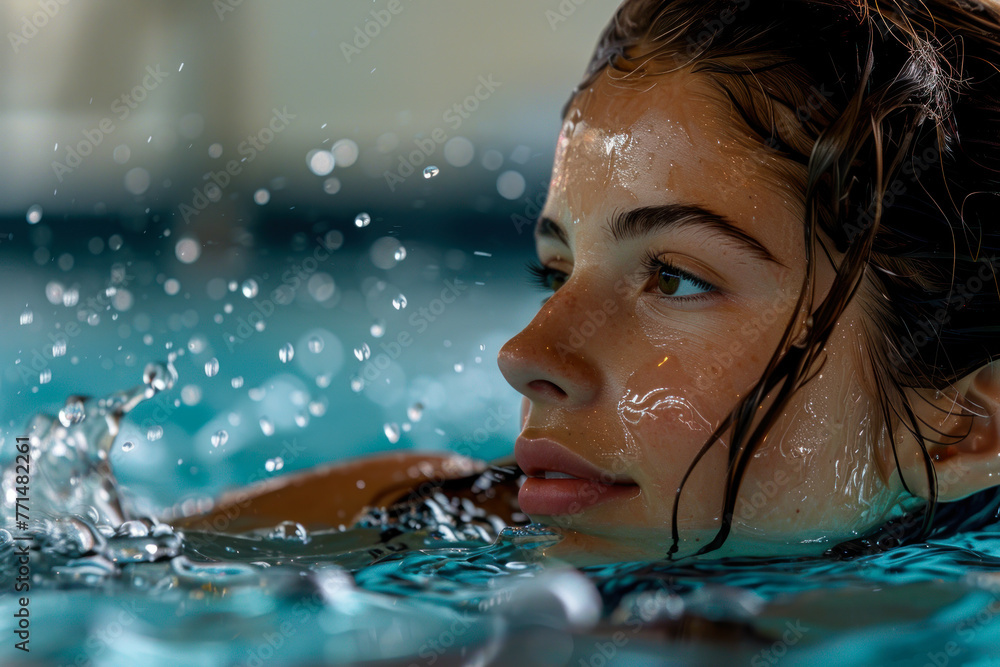 Obraz premium Youthful Face Partially Submerged in Pool.