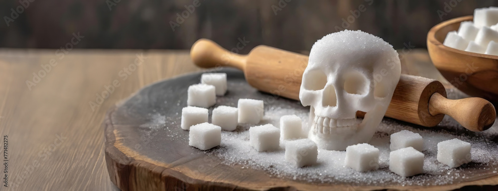 A skull-shaped sugar mound is surrounded by cubes. It suggests the hidden dangers of excessive sugar intake. Panorama with copy space.