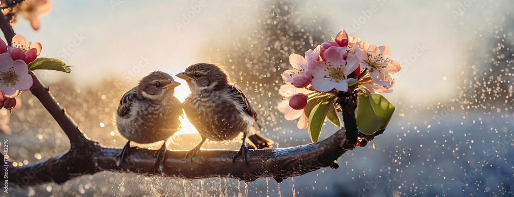 A Song of Spring: Birds Chirping Among Blossoming Flowers. The warmth of the sun bathes the peaceful interaction between sparrows and blooms. National Bird Day.
