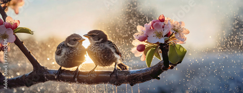 A Song of Spring: Birds Chirping Among Blossoming Flowers. The warmth of the sun bathes the peaceful interaction between sparrows and blooms. National Bird Day. © Igor Tichonow