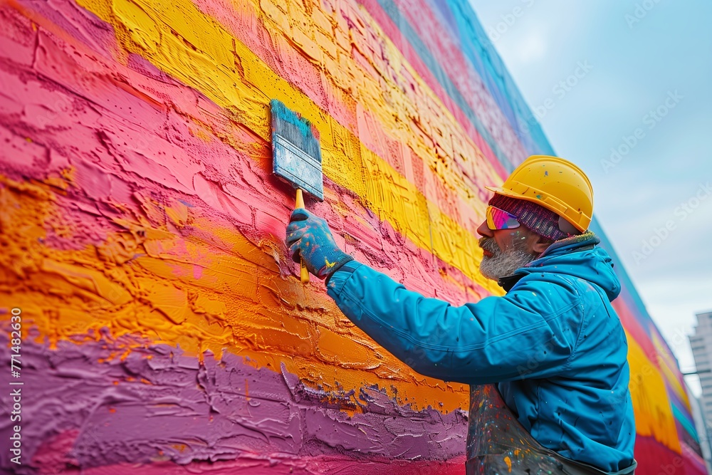 Artist painting a vibrant, colorful mural Artist painting a vibrant, colorful mural