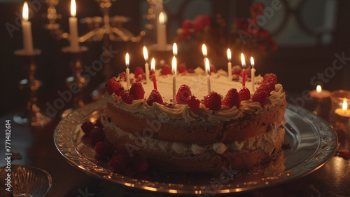 A cake slice adorned with candles on a platter.