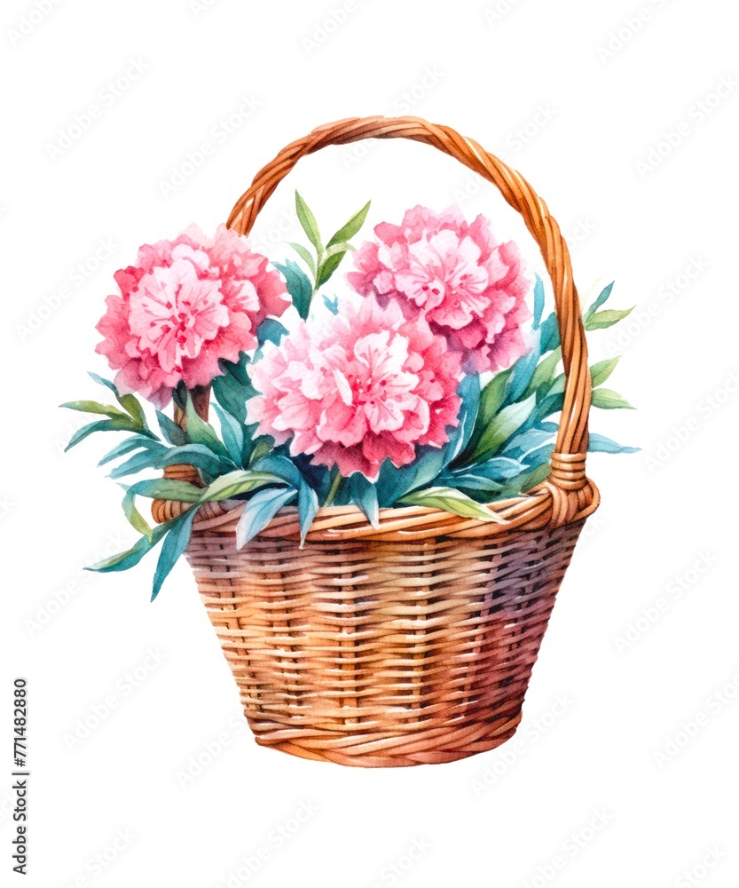 Wicker basket with bouquet of pink carnations isolated on white background, watercolor illustration. Wicker basket with bouquet of pink carnations isolated on white background, watercolor illustration.