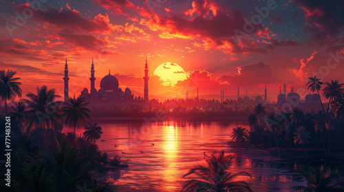 beautiful mosque and sunset over the lake photo