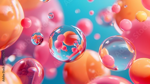 3D rendering of a cluster of translucent spheres with a blurred background in bright and vivid colors.