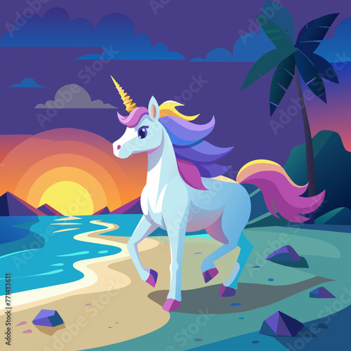 Transport yourself to a tranquil beach at sunset, where a magnificent 3D unicorn with a horn aglow in the fading light frolics along the shoreline, leaving behind sparkling footprints in the sand