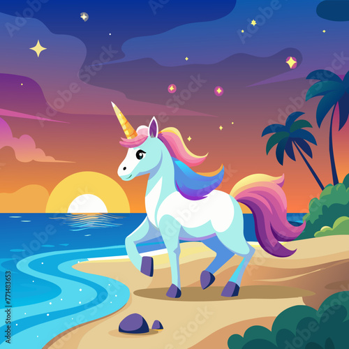 Transport yourself to a tranquil beach at sunset, where a magnificent 3D unicorn with a horn aglow in the fading light frolics along the shoreline, leaving behind sparkling footprints in the sand