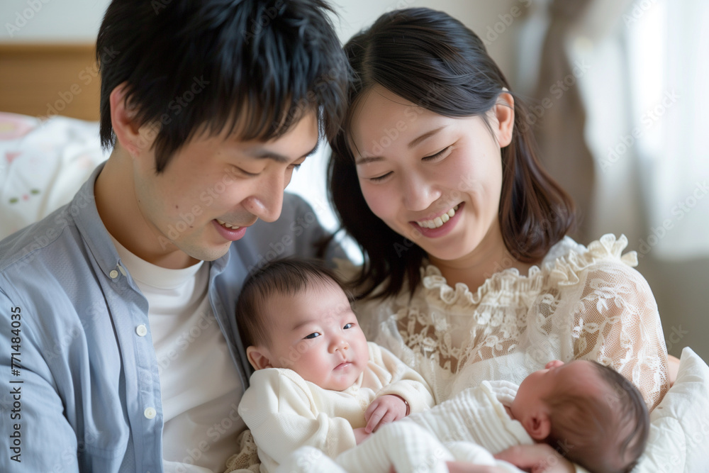 Asian couple is holding a baby in a white blanket. The baby is sleeping and the parents are smiling Asian couple is holding a baby in a white blanket. The baby is sleeping and the parents are smiling