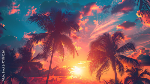 Sunset over ocean with palm trees, outdoors, idyllic, blue, cloud