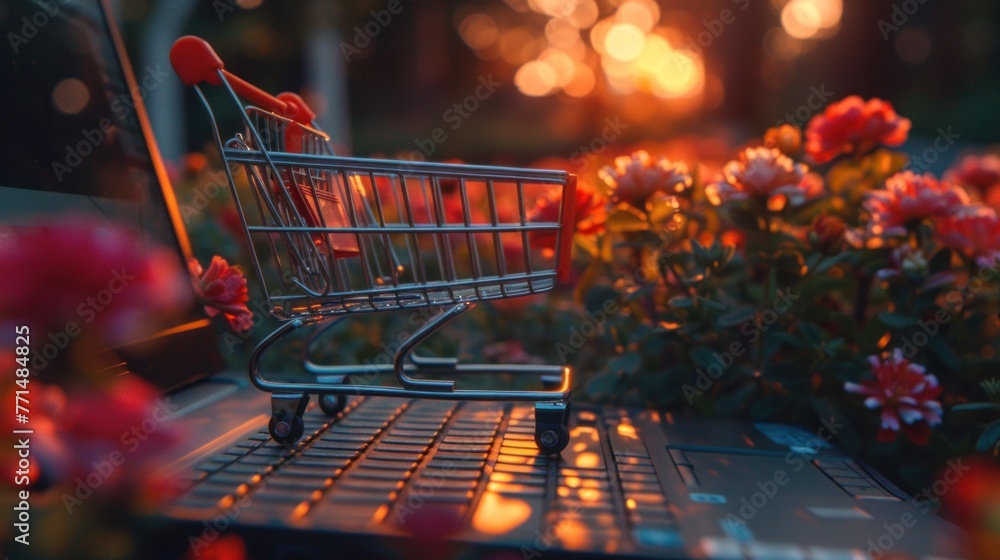 Shopping cart on laptop keyboard, in garden at sunset,copy space Shopping cart on laptop keyboard, in garden at sunset,copy space