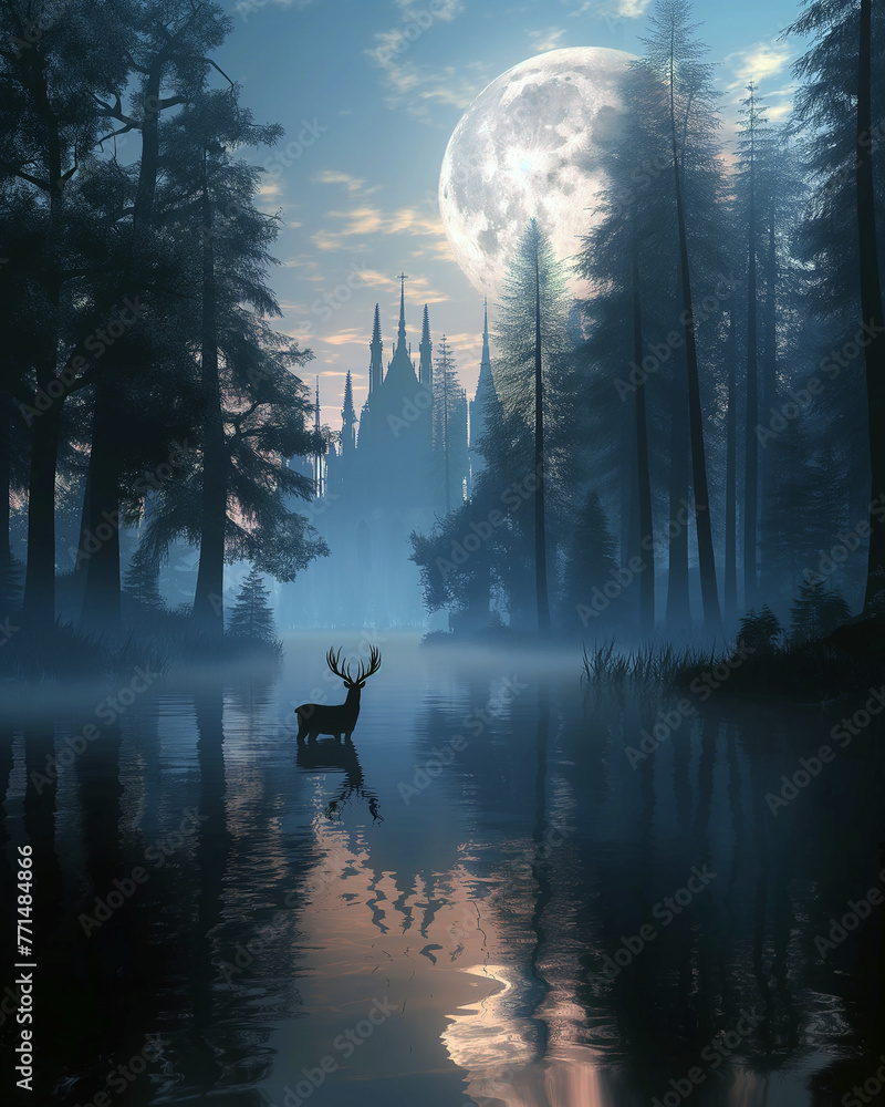 Fototapeta premium A mystical scene with a stag by a lake, a grand moon above, and a castle veiled in mist.