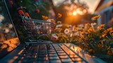 Shopping cart on laptop keyboard, in garden at sunset,copy space