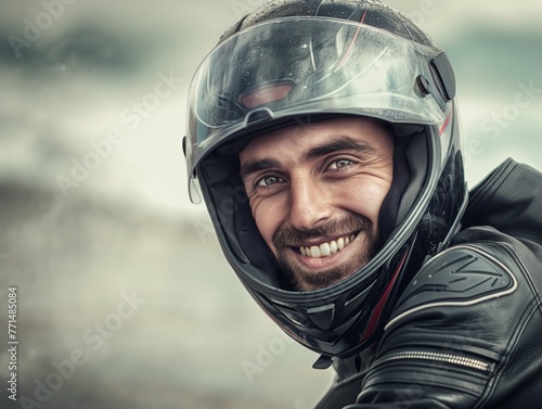 Close-up of a cheerful man wearing a motorcycle helmet, embodying joy and adventure. © cherezoff