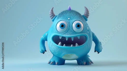 Cute blue monster with big eyes and a toothy smile. It has horns on its head and claws on its hands and feet. It is standing on a blue background.