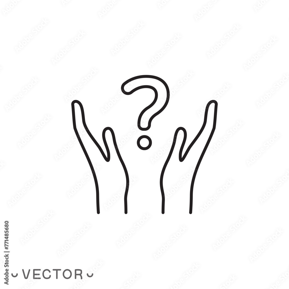 Hand holding question mark icon. Outline style, Why, who, doubt, uncertainty, curious, ask, curiosity, interrogation concept. thin line symbol isolated on white background, eps 10 vector illustration Hand holding question mark icon. Outline style, Why, who, doubt, uncertainty, curious, ask, curiosity, interrogation concept. thin line symbol isolated on white background, eps 10 vector illustration