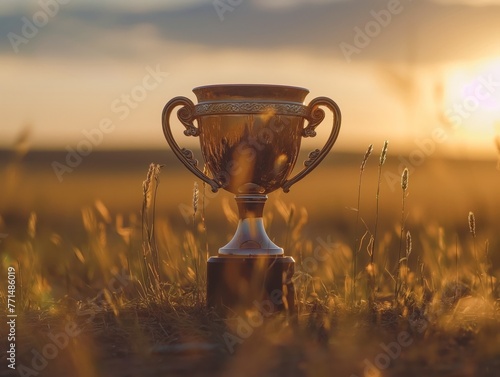 A golden trophy illuminated by the warm glow of a setting sun, symbolizing victory and achievement in nature.