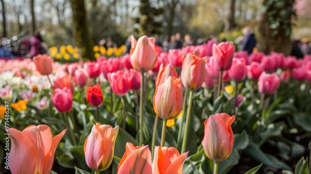 beautiful flower garden with various colors of bright and charming tulips. The flowers are planted along the banks of water canals, creating a very colorful and joyful sight