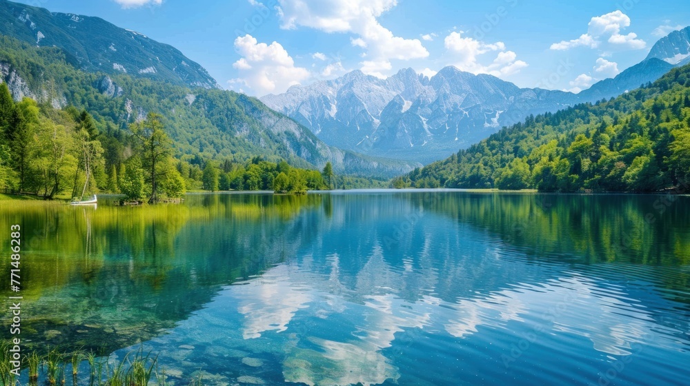 beautiful and calming natural scenery. There is a calm lake, surrounded by green trees and high mountains