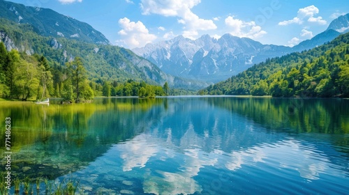 beautiful and calming natural scenery. There is a calm lake, surrounded by green trees and high mountains