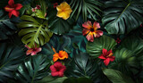 Colorful tropical plants and green leaves on a dark background, creating an abstract wallpaper