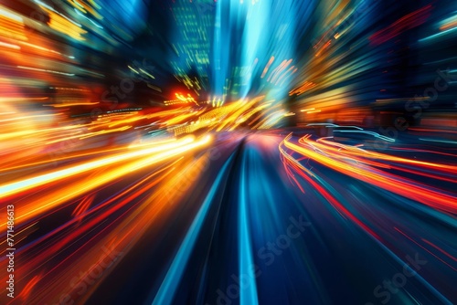 Blurred fast moving light effect, car motion trails, speed light streaks on city road, long exposure night lights, abstract background