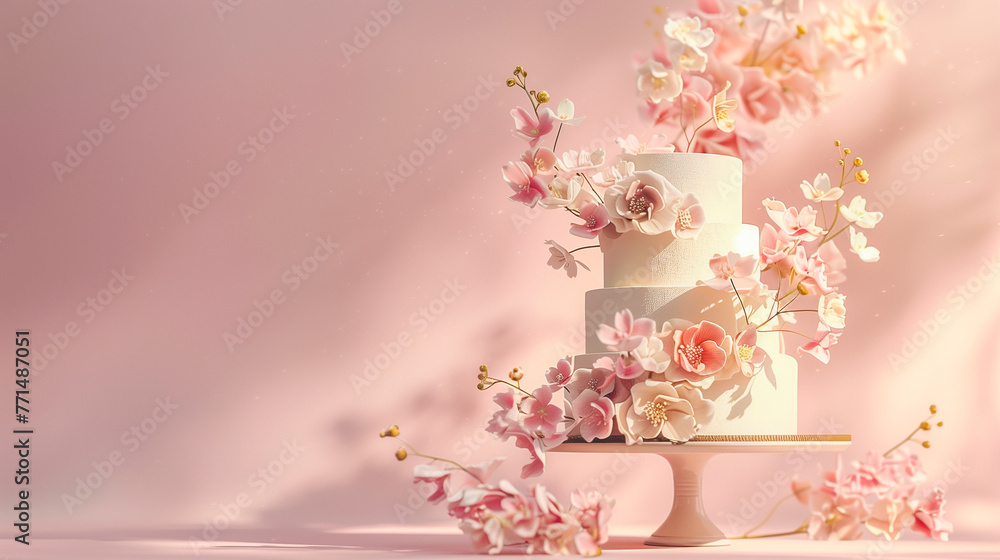 An impressive, tall cake decorated with delicate flowers on a light, pastel background. The cake stands out for its impressive height and elegant appearance. Flowers artfully arranged on the cake add An impressive, tall cake decorated with delicate flowers on a light, pastel background. The cake stands out for its impressive height and elegant appearance. Flowers artfully arranged on the cake add