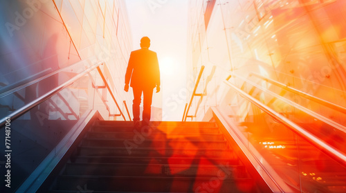 Businessman walking up the stairs in a modern office building, concept of success and a business future vision.