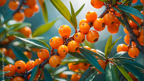 branch of ripe sea buckthorn in nature