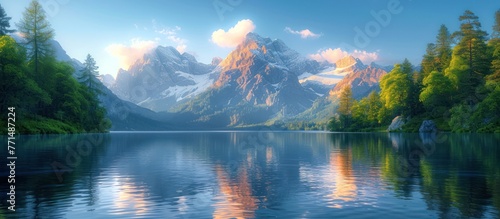 Landscape of mountains and lake at sunrise photo