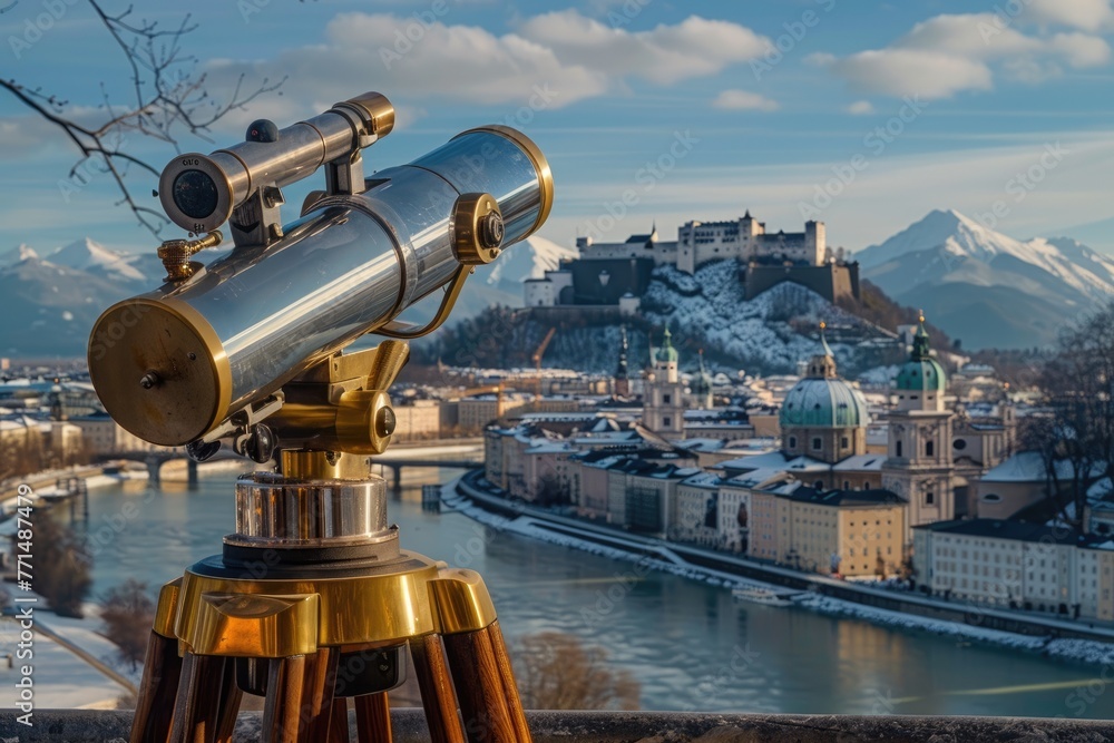 Fototapeta premium Ausblick auf Festung Hohensalzburg mit Fernrohr - Attraktive Aussicht auf Salzburg Sightseeing- und Tourismusreisen in Europa