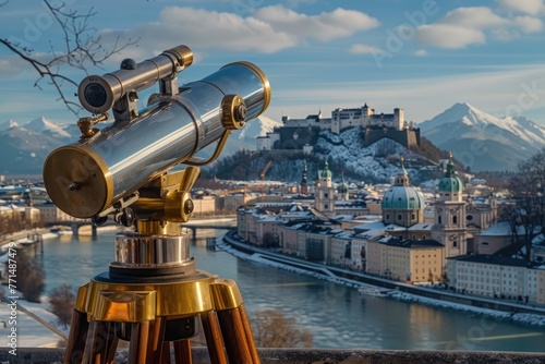 Ausblick auf Festung Hohensalzburg mit Fernrohr - Attraktive Aussicht auf Salzburg Sightseeing- und Tourismusreisen in Europa photo