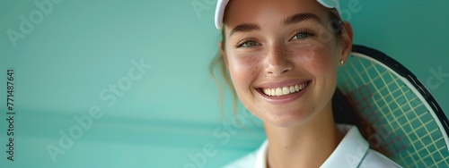 Banner with portrait of young beautiful smiling woman with a tennis racket isolated on green background. Horizontal studio photo with copy space. © Ekaterina Chemakina
