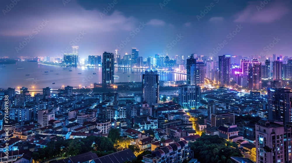 Xiamen Skyline at Night with Amazing Architecture and Stunning Cityscape Panorama