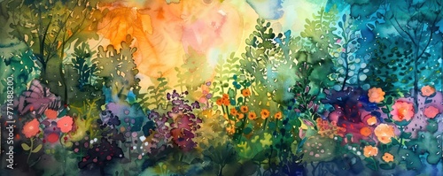Whimsical watercolor garden scene playful colors and textures © Nisit